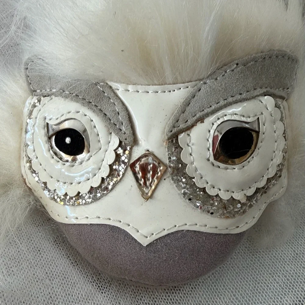 Kate Spade Owl Slippers Women Size 6 Gray Cream Faux Fur Sherpa Lined Whimsical